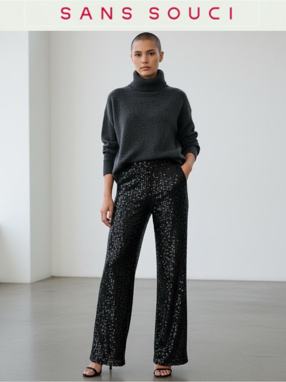 SANS SOUCI BLACK SEQUIN HIGH RISE WIDE LEG TROUSER PANTS GLAM NWT SIZE MEDIUM